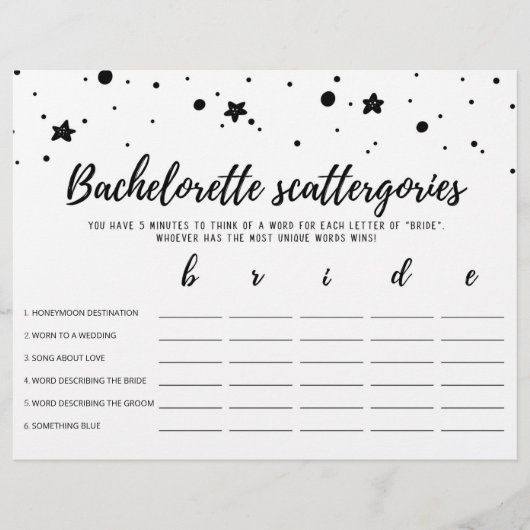Papier Bachelorette Scattergories éditable Jeu nuptial (Devant)