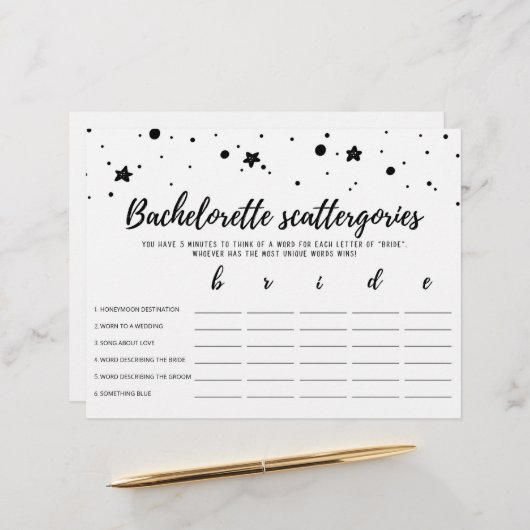 Papier Bachelorette Scattergories éditable Jeu nuptial (Devant/Arrière en situation)