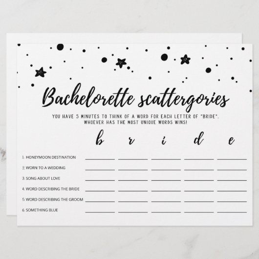 Papier Bachelorette Scattergories éditable Jeu nuptial (Devant / Derrière)