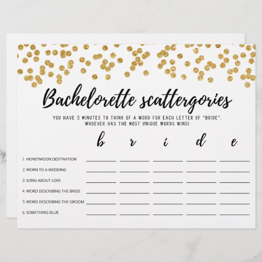 Papier Bachelorette Scattergories éditable Jeu nuptial (Devant / Derrière)