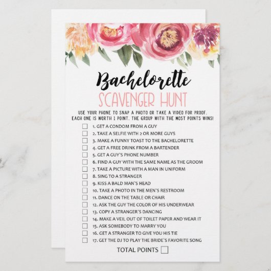 Papier Bachelorette Scavenger Chasse Hen Party jeu (Devant / Derrière)