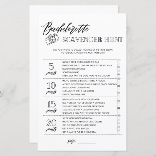 Papier Bachelorette Scavenger Chasse nuptiale jeu de douc (Devant / Derrière)