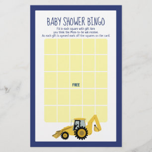 Papier Backhoe Construction Baby shower Bingo Jeu