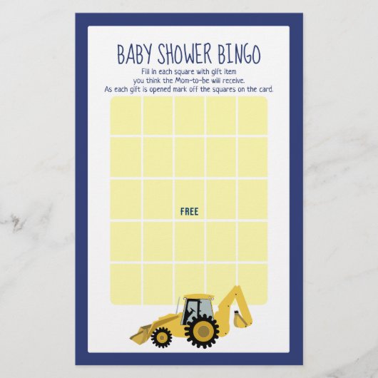 Papier Backhoe Construction Baby shower Bingo Jeu (Devant)