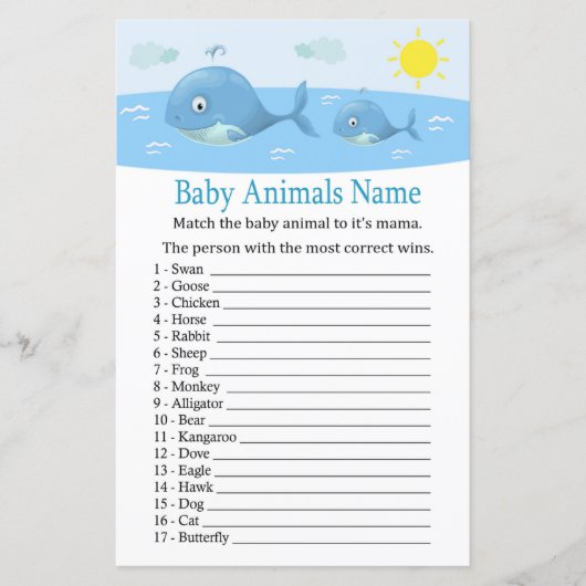 Papier Baleine Bébé Animaux Nom Jeu (Devant)