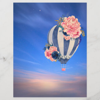 Papier Ballon à air chaud floral sur le ciel bleu romanti