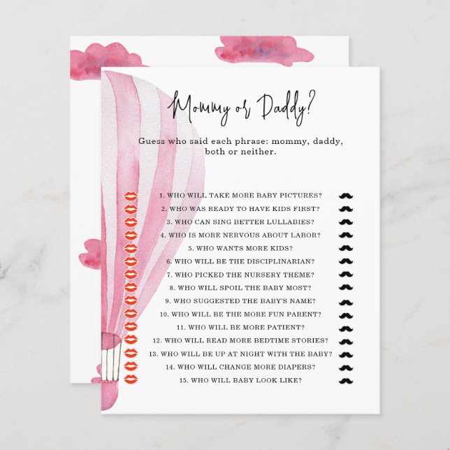 Papier Ballon à air chaud - jeu de baby shower maman ou p (Devant / Derrière)