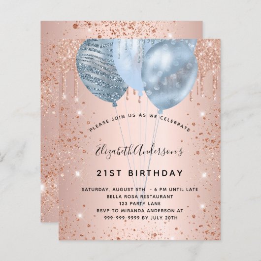 Papier Ballons bleu or rose pour anniversaire budgétaire (Devant / Derrière)