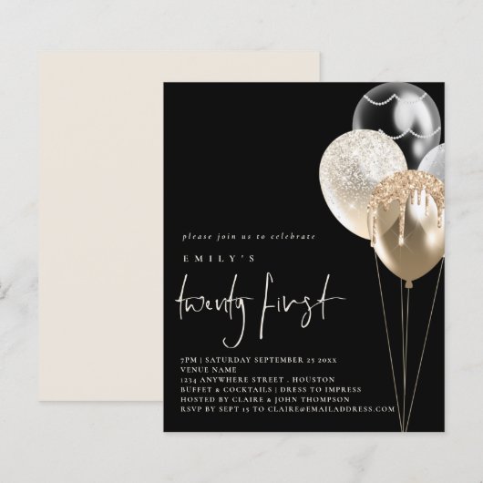 Papier Ballons Budget Gold Ivory 21e Invitation noir (Devant / Derrière)