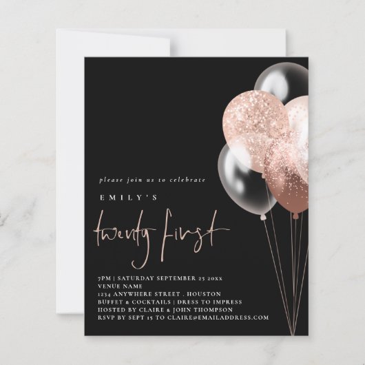 Papier Ballons Budget Script Rose Or 21e Invitation noir (Devant)