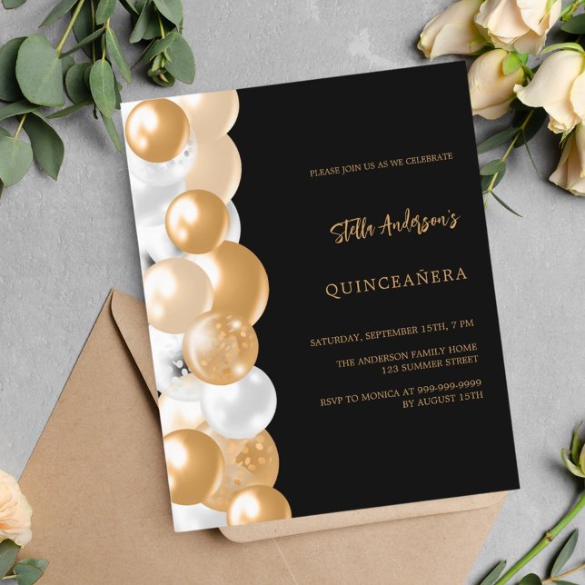 Papier Ballons d'or noir budget Quinceanera invitation (Créateur téléchargé)