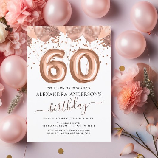 Papier Ballons d'or Rose Budget Invitation 60e anniversai