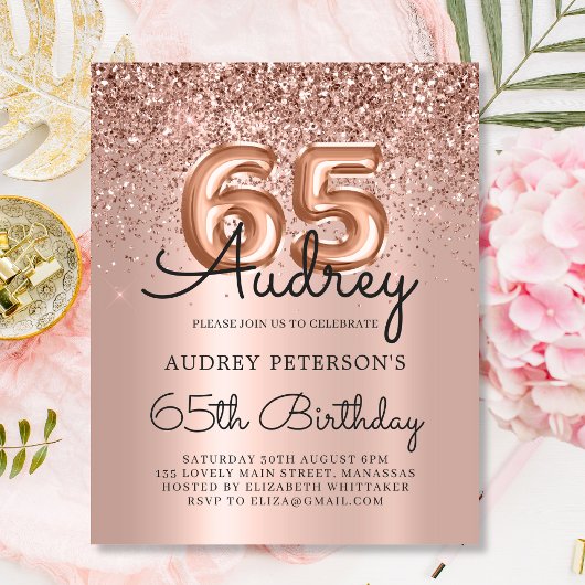 Papier Ballons d'or Rose Budget Invitation 65e anniversai