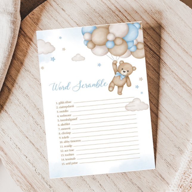 Papier Ballons d'ours Bleu Baby shower Word Scramble Jeu (Blue Bear Baby Shower Word Scramble Game)