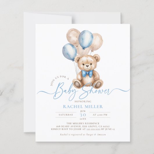 Papier Ballons d'ours budget Blue Boy Baby shower Invitat (Devant)