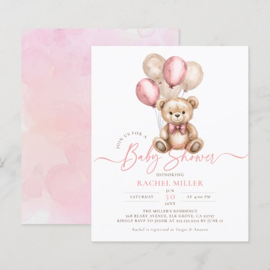 Papier Ballons d'ours budget rose fille Invitation Baby s (Devant / Derrière)