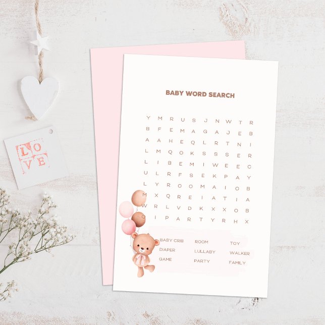Papier Ballons d'ours et rose Baby shower Word Search Jeu (Bear & Pink Balloons Baby Shower Word Search Game on a boho wooden table.)