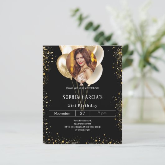 Papier Ballons photo en or noir invitation anniversaire (Debout devant)