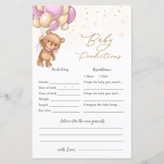 Papier Ballons rose ours Baby shower prédiction bébé (Devant)