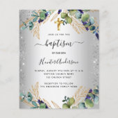 Papier Baptême argent eucalyptus vert invitation (Devant)