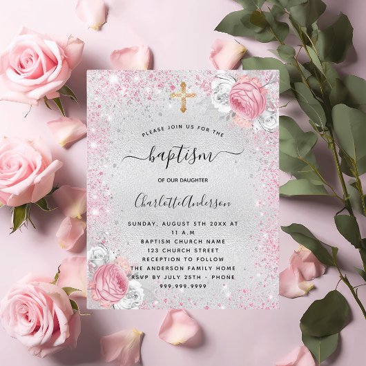 Papier Baptême argent rose fille parties scintillant flor