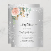 Papier Baptême blanc argenté invitation à l'eucalyptus (Devant / Derrière)