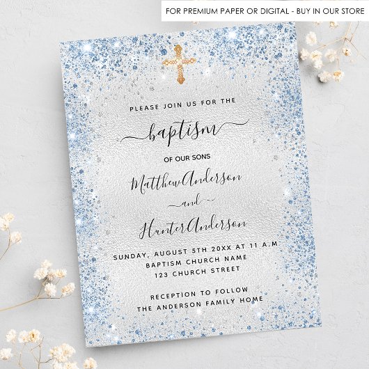 Papier Baptême bleu argent jumeau garçons budget invitati