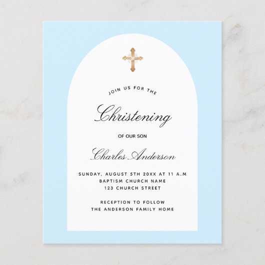 Papier Baptême budget bleu clair arche blanc garçon (Devant)