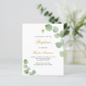 Papier Baptême budget eucalyptus or bleu garçon invitatio (Debout devant)