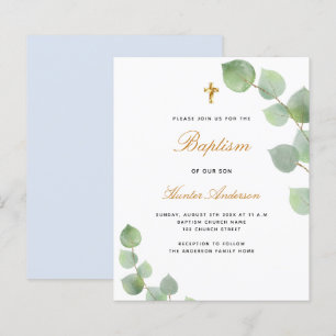 Papier Baptême budget eucalyptus or bleu garçon invitatio