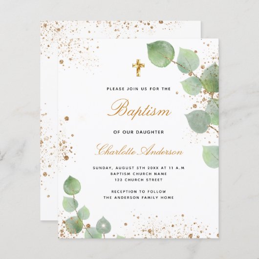 Papier Baptême budget eucalyptus or invitation (Devant / Derrière)