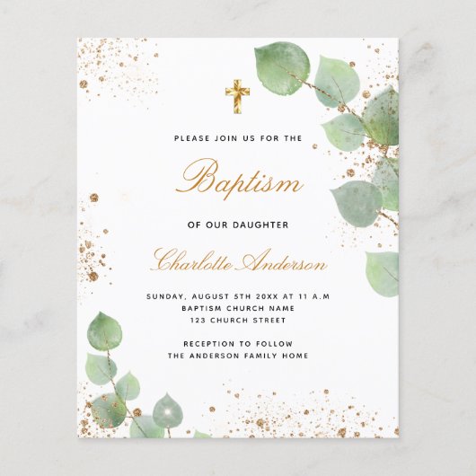 Papier Baptême budget eucalyptus or invitation (Devant)
