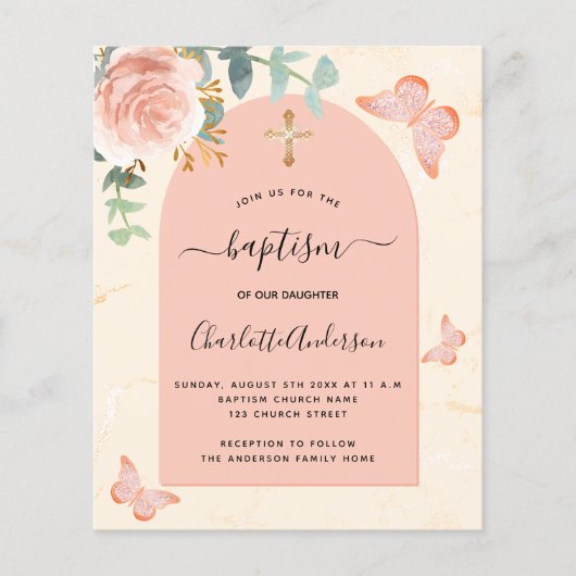 Papier Baptême Budget eucalyptus rose papillons floraux (Devant)