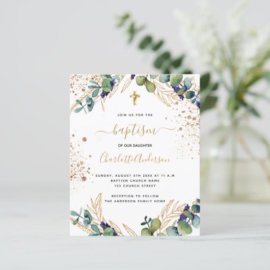 Papier Baptême budget eucalyptus vert croix or (Debout devant)