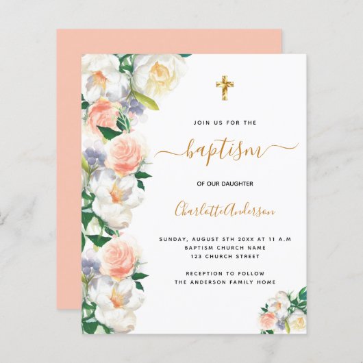 Papier Baptême budget flores couleur eau rose blanc (Devant / Derrière)