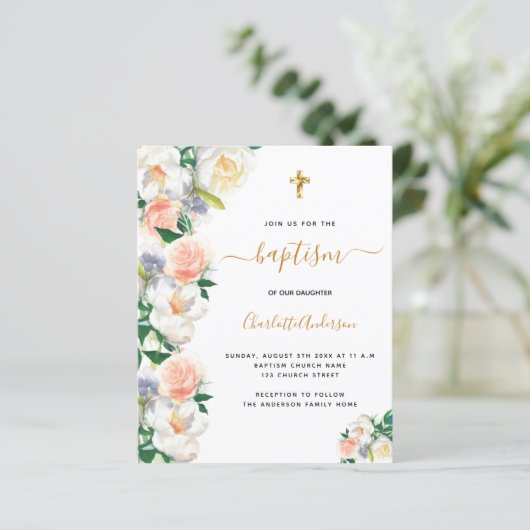 Papier Baptême budget flores couleur eau rose blanc (Debout devant)
