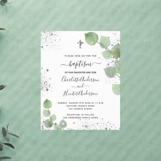 Papier Baptême budget invitation eucalyptus jumeaux
