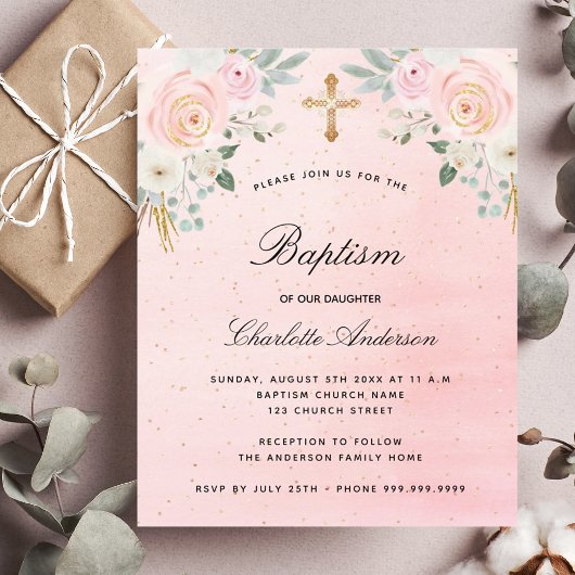 Papier Baptême budget invitation florale rose pâle