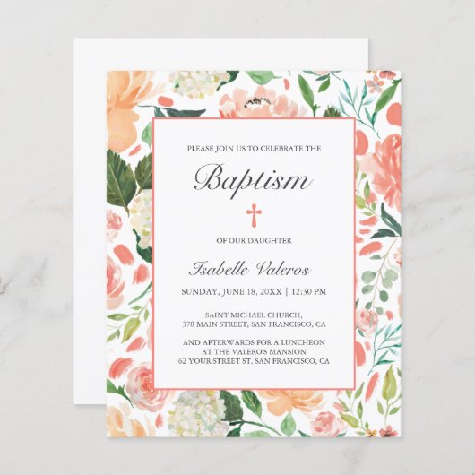 Papier Baptême BUDGÉTAIRE Rose Fleurs colorées (Devant / Derrière)