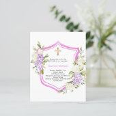 Papier Baptême crête rose violet fleurs fille invitation (Debout devant)