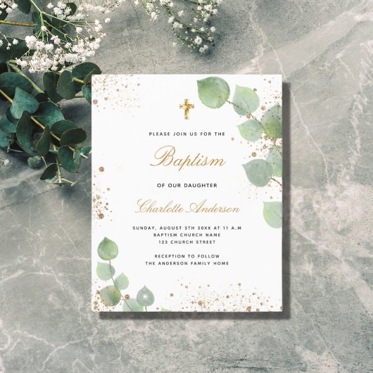 Papier Baptême eucalyptus or invitation blush