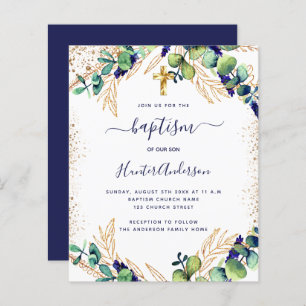 Papier Baptême eucalyptus vert marine invitation bleue