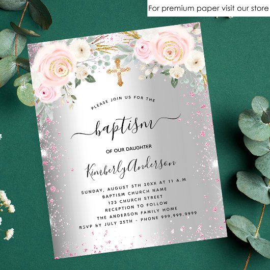 Papier Baptême fille argent rose floral parties scintilla