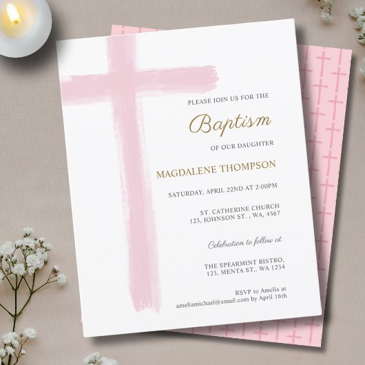 Papier Baptême Fille Croix Aquarelle Rose Simple Budget