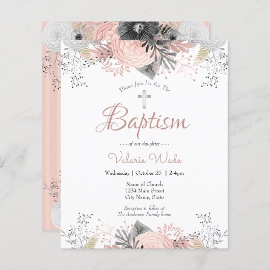 Papier Baptême floral rose pâle Invitations budgétaires (Devant / Derrière)