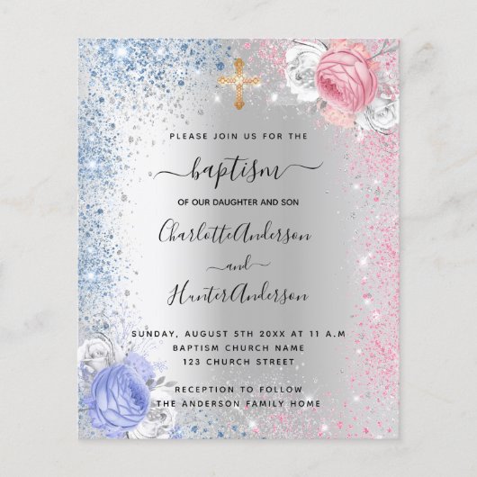 Papier Baptême garçon fille bleu rose argent invitation (Devant)