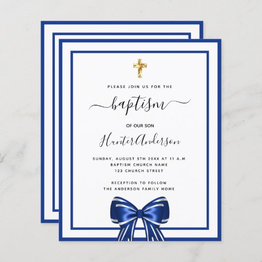 Papier Baptême garçon royal bleu blanc arc invitation (Devant / Derrière)