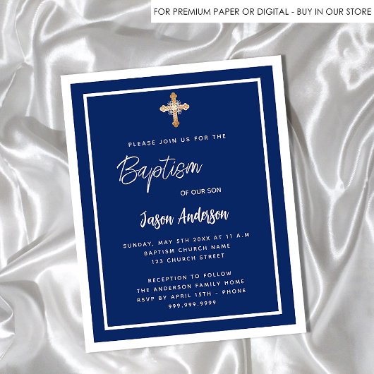 Papier Baptême marine bleu blanc garçon or budget invitat