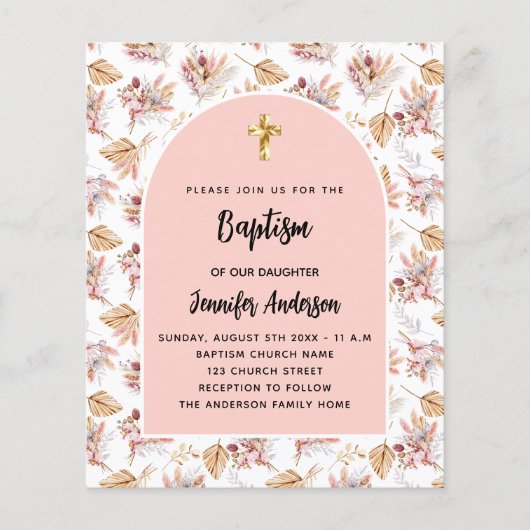 Papier Baptême Pampas fleurs rose or budget invitation (Devant)