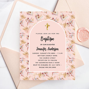 Papier Baptême pampas floraux rose invitation budgétaire